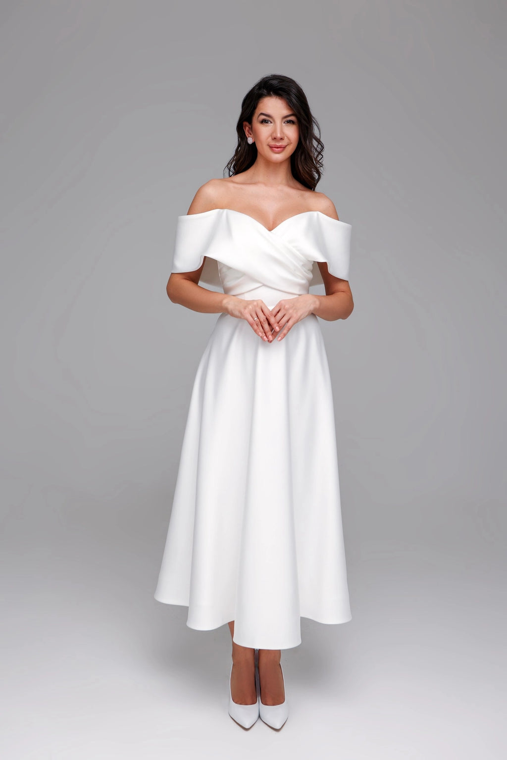 satin midi wedding dress Off Shoulder | Bridal Gown Ruched detailing shapes the Leather Inlay:No Inlay 70’s Multicolor Rainbow Terry sizeFilter-US 14