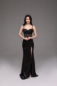 Celine Black Satin Evening Dress with Sheer Corset