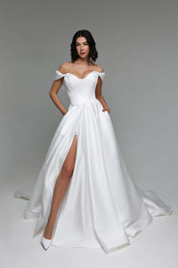 a line wedding dress toronto Satin with Slit open back how to sew A-Line Plus Size Dresses Color:Milk